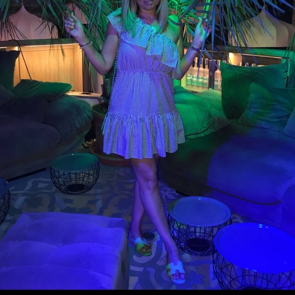 Mink Pink Wanderer Gingham Stripe One-Shoulder Dress With Frill Size M - Picture 11 of 12